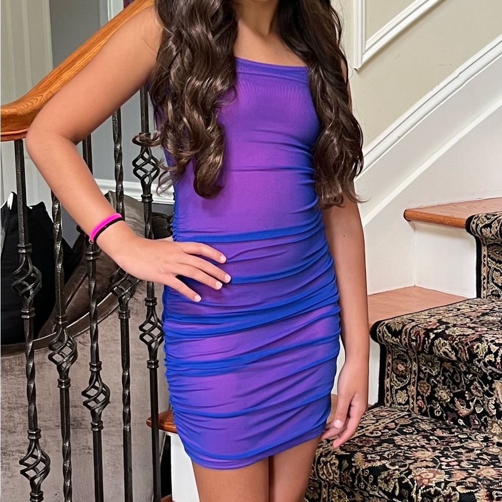 Vibrant Purple and Blue Ruched Dress